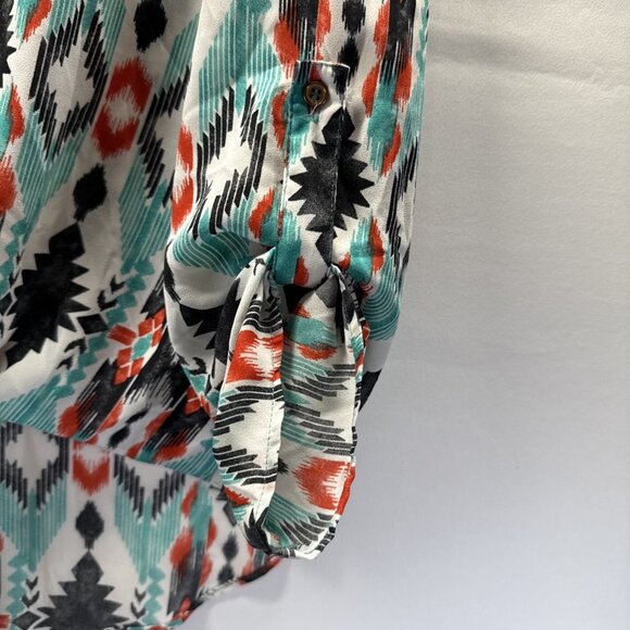 Zac & Rachel Women's Top Size XL Black Orange Aztec Roll Tab Sleeves Tie Front - Picture 5 of 8